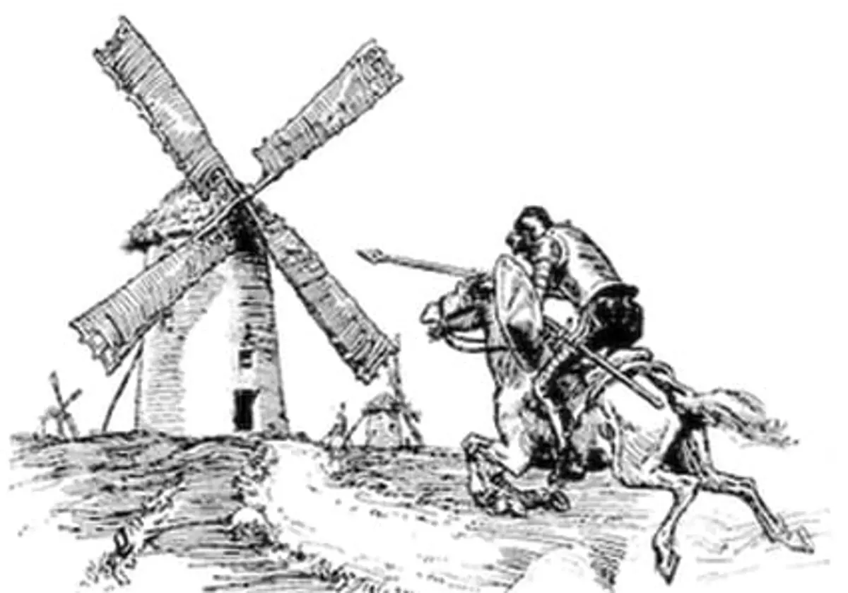 Don Quixote charging at a windmill